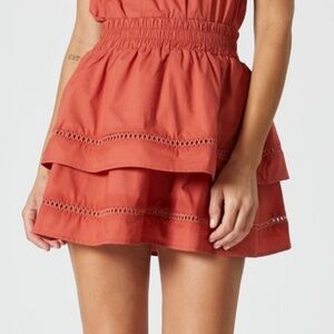 The Shirt Rochelle Behrens Rust Red Tiered Mini Skirt